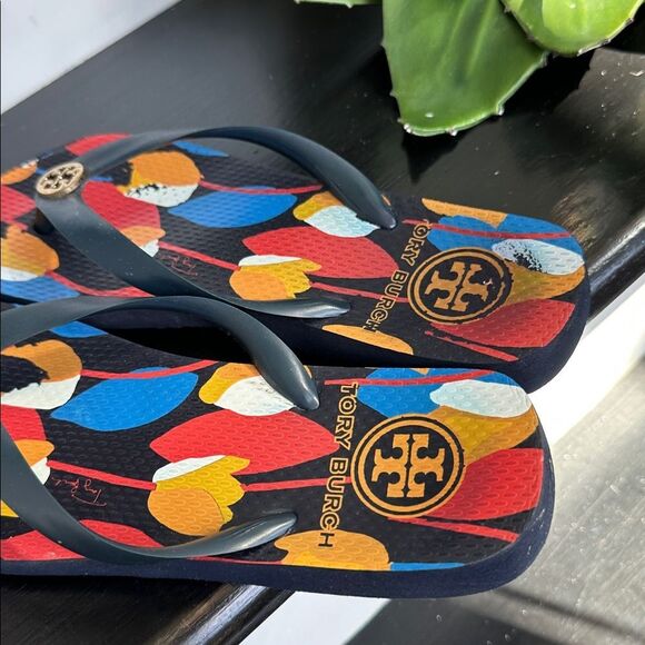 Tory Burch Women’s Flip-Flop Thong Sandals – Colorful Print Logo Beach Slides - Picture 4 of 6
